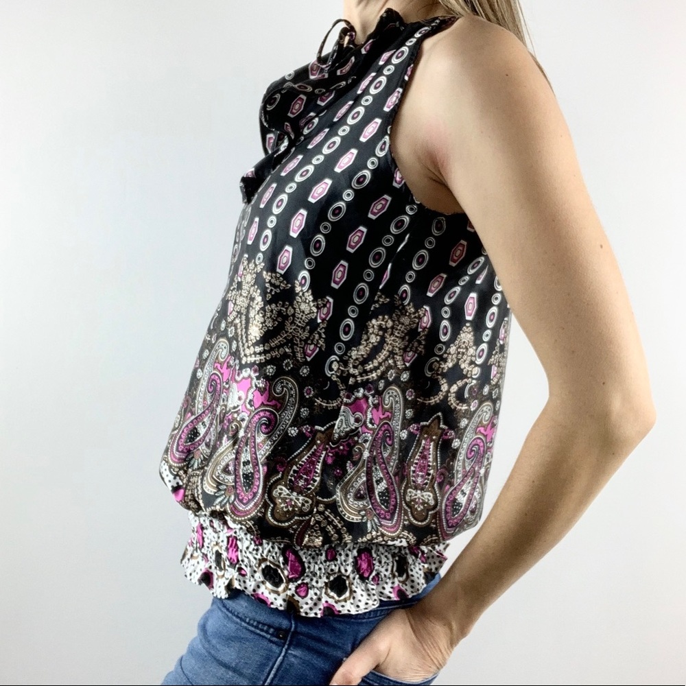 ROMY |💜 Paisley Satin Ruched Sleeveless Ruffle Top - Picture 4 of 8